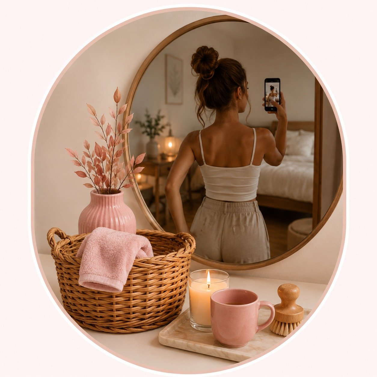 Mulher se fotografando no espelho em quarto aconchegante com cesta, vaso e vela decorativos